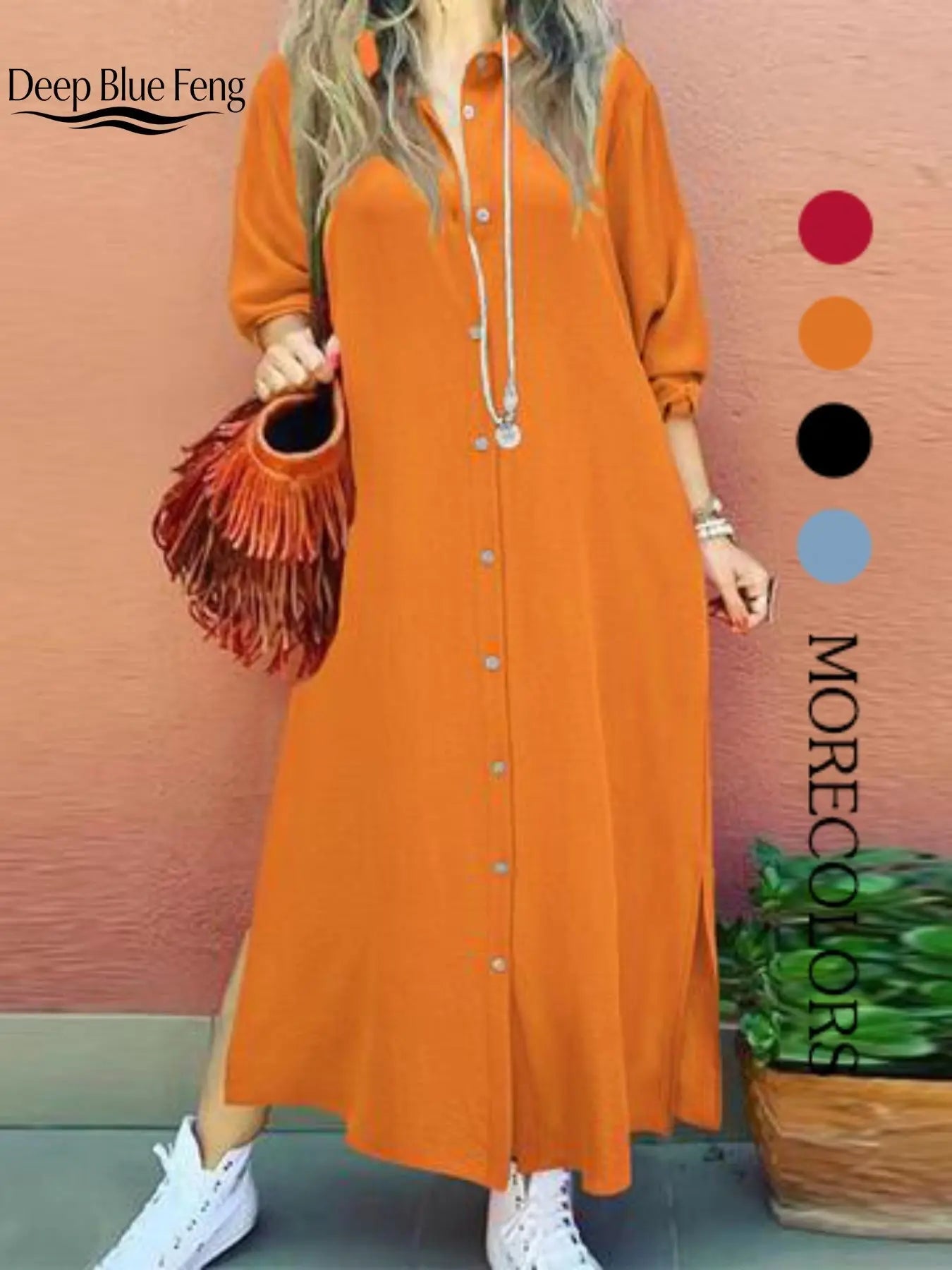 Robe longue unie à col chemise et boutons pour femme, Robe longue décontractée à col pour le quotidien et l'extérieur, Robe pour femme pour le printemps