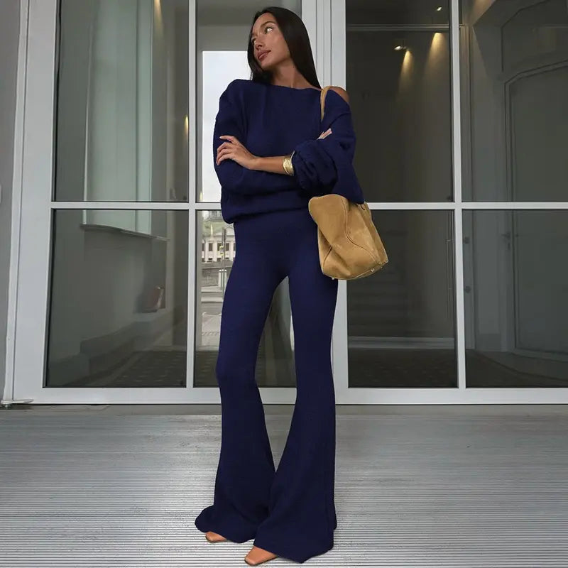 Ensemble haut à col asymétrique uni et pantalon évasé pour femme, haut décontracté à manches longues et épaules tombantes et pantalon, vêtements d'automne et d'hiver pour femme pour un usage quotidien