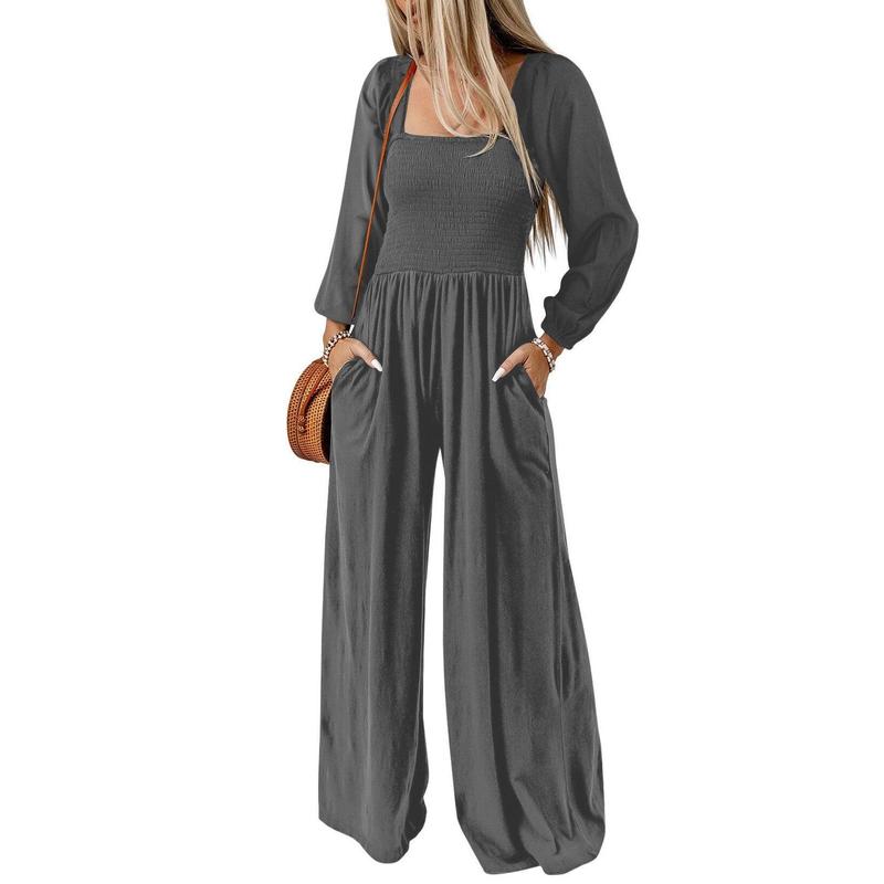 Salopette ample décontractée pour femme, combinaison une pièce à manches longues, jambes larges, pantalon long, barboteuse avec poches