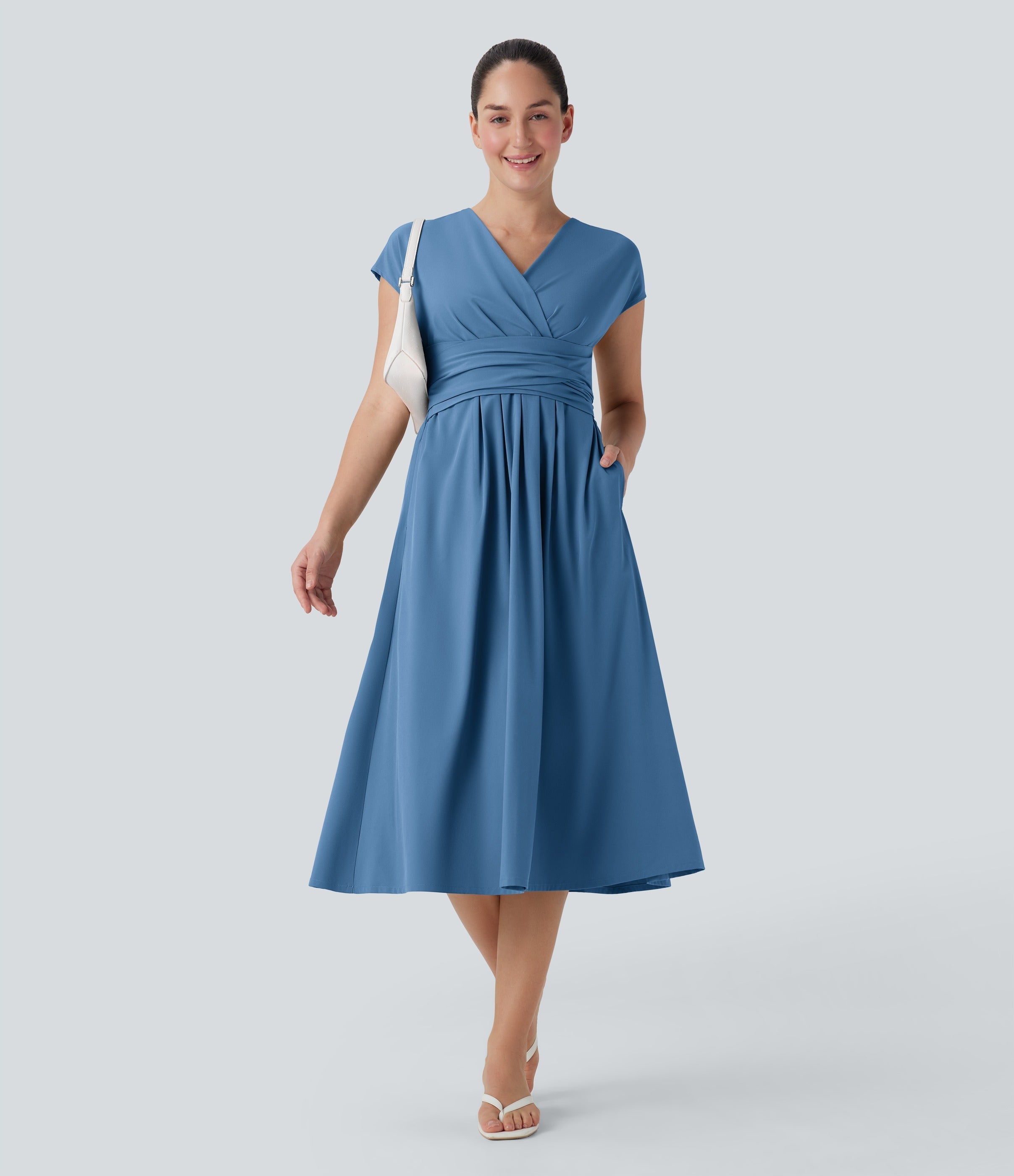 Robe midi décontractée, col en V, manches courtes, poches latérales, dos noué, séchage rapide