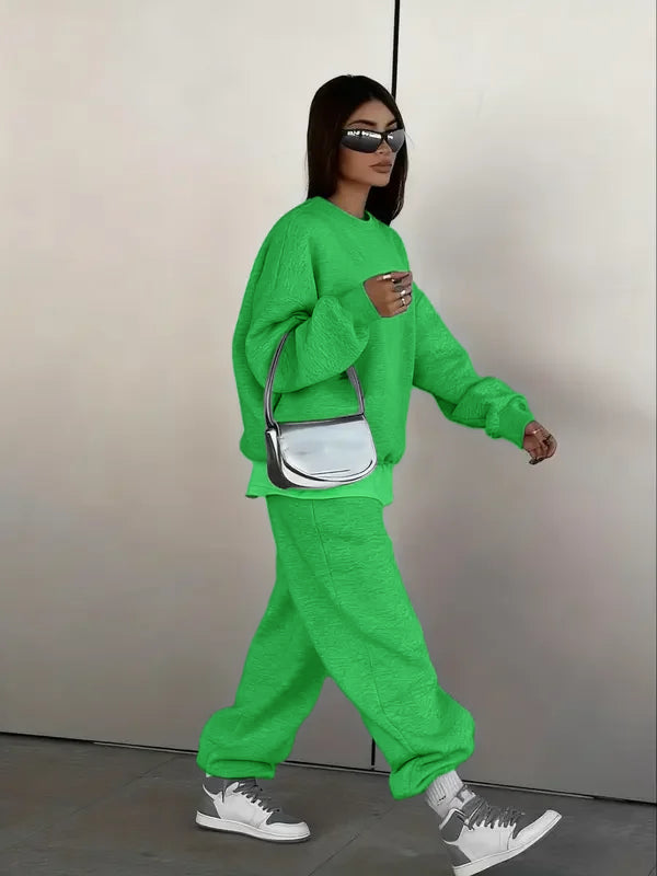 Ensemble deux pièces femme : Sweat-shirt col rond et pantalon de jogging ample, style décontracté sportif urbain hip-hop, mode automne et hiver