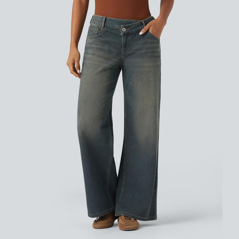 Jean décontracté baggy délavé coupe large à poches zippées asymétriques taille basse