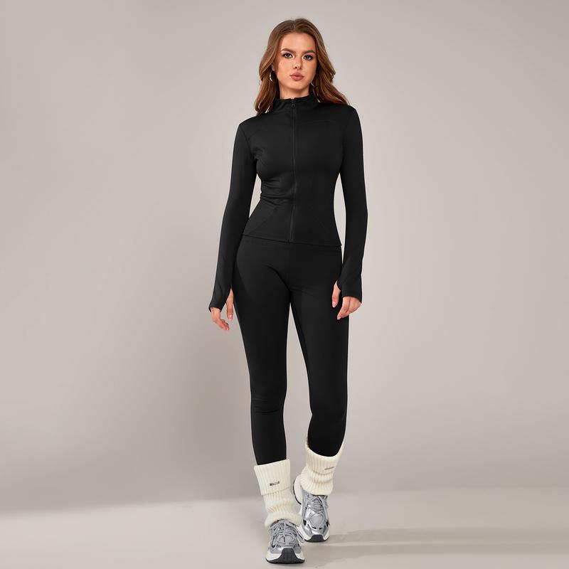Veste de sport zippée à manches longues pour femme, coupe ajustée, tissu extensible à séchage rapide avec trous pour les pouces, pour la course, le yoga, la gym, tenues d'entraînement, vêtements de sport.