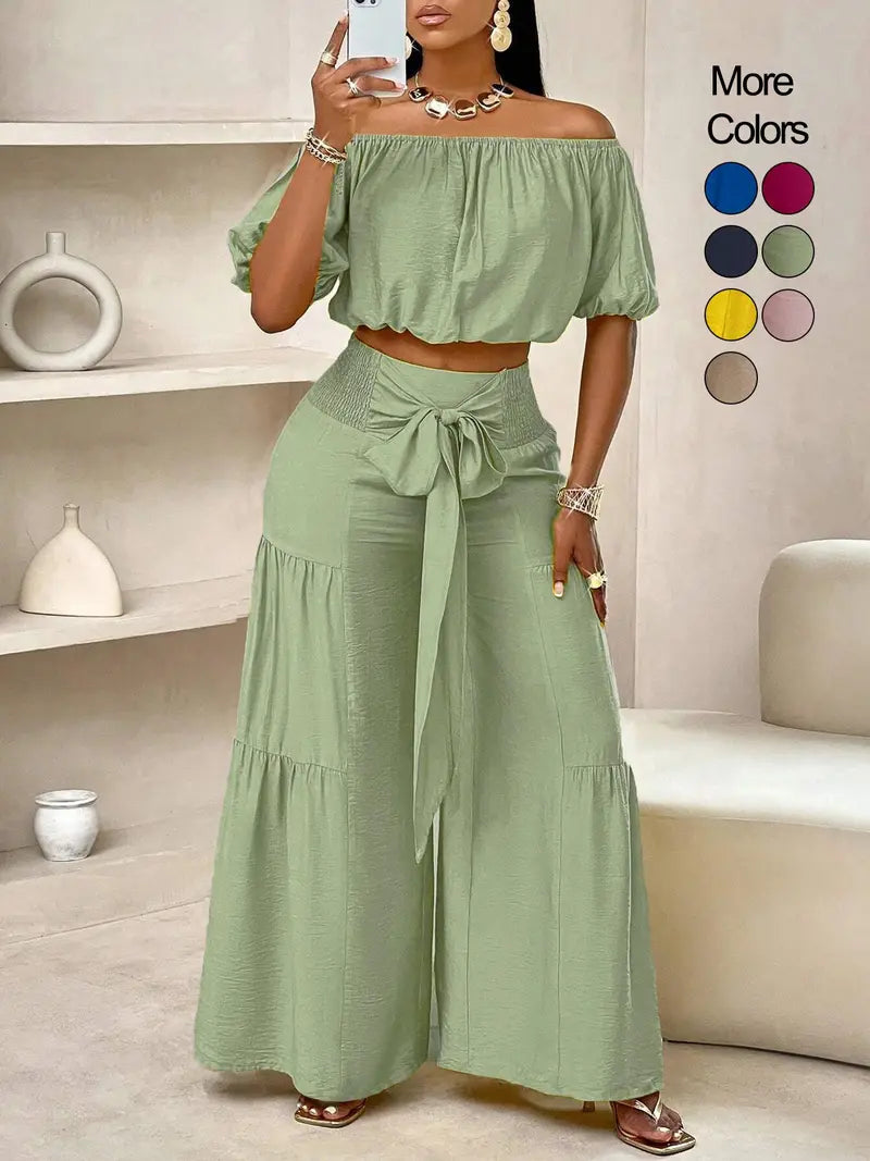 Ensemble pantalon femme couleur unie à jambes larges, haut décontracté à épaules dénudées et pantalon palazzo pour l'été, tenue de vacances à la plage pour femme.