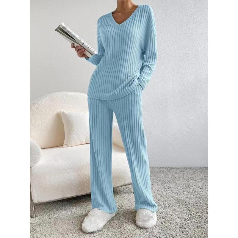 Ensemble de détente solide pour femmes avec poches et épaules tombantes, haut décontracté à manches longues et col en V et pantalon à jambes droites, ensemble deux pièces pour femmes, pyjama
