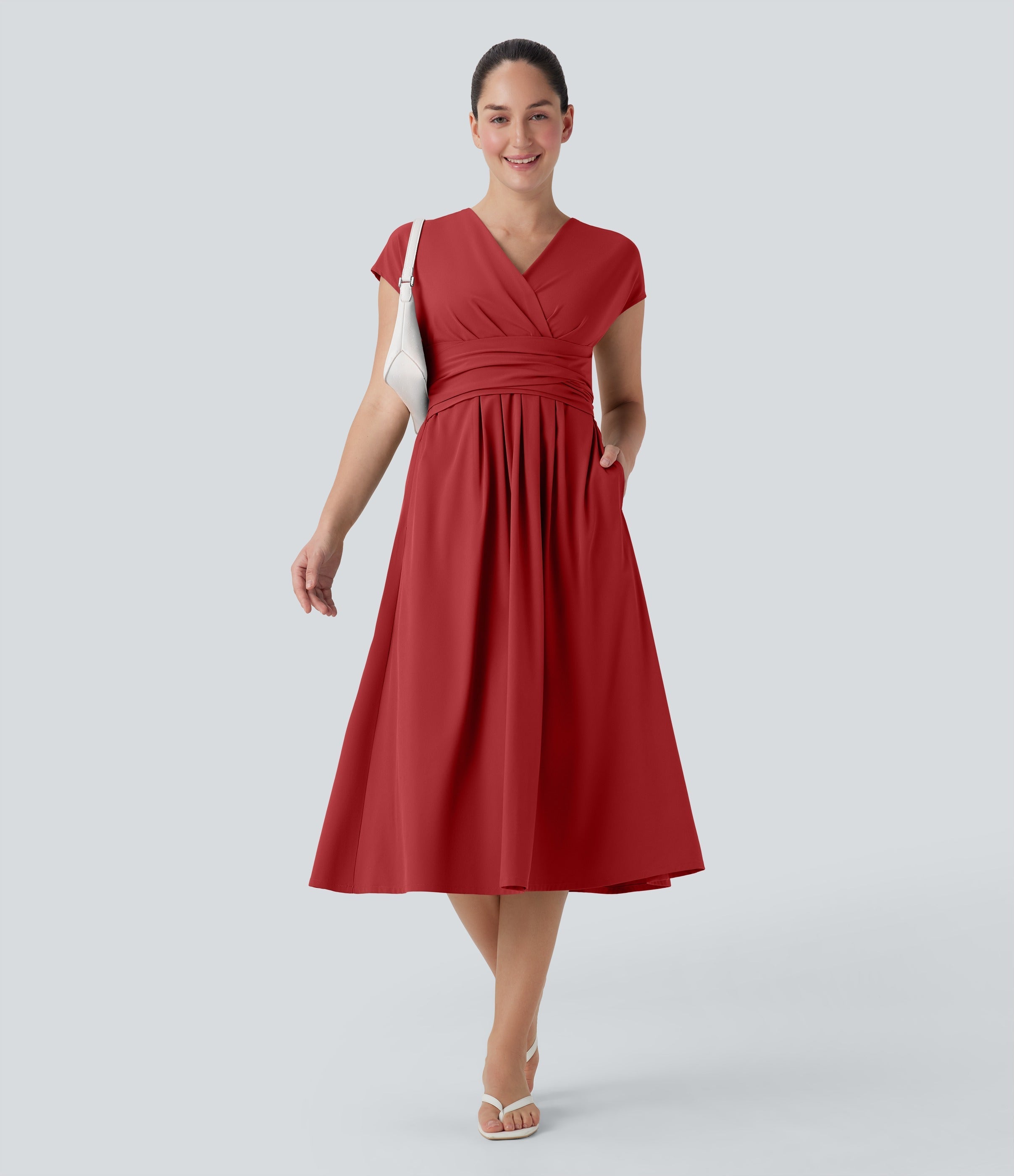 Robe midi décontractée, col en V, manches courtes, poches latérales, dos noué, séchage rapide