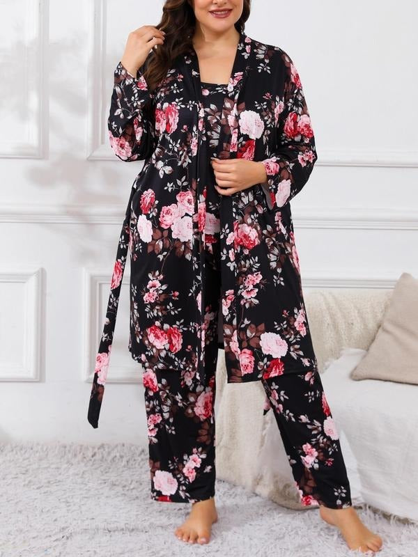 [Grande Taille] Ensemble Trois Pièces Kimono Long Imprimé Fleuri avec Ceinture, Caraco et Pantalon à Taille Élastique