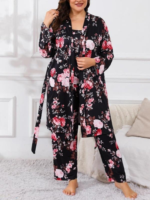 [Grande Taille] Ensemble Trois Pièces Kimono Long Imprimé Fleuri avec Ceinture, Caraco et Pantalon à Taille Élastique