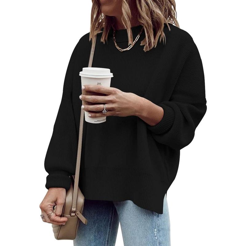 Pull Tunique Oversize Femme, Ample, Manches Longues, Tricot Côtelé, Fentes Latérales
