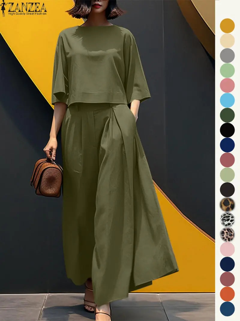 Ensemble deux pièces haut et pantalon large pour femme, haut et pantalon décontractés, mode minimaliste, confortables, à manches trois quarts, pour tous les jours en extérieur, vêtements pour femmes toutes saisons