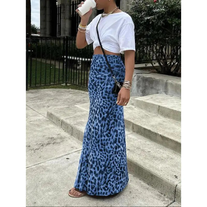 Jupe longue en maille imprimée léopard taille haute, coupe ajustée, fente, polyvalente, pour la Saint-Valentin, vêtements pour femmes à la mode