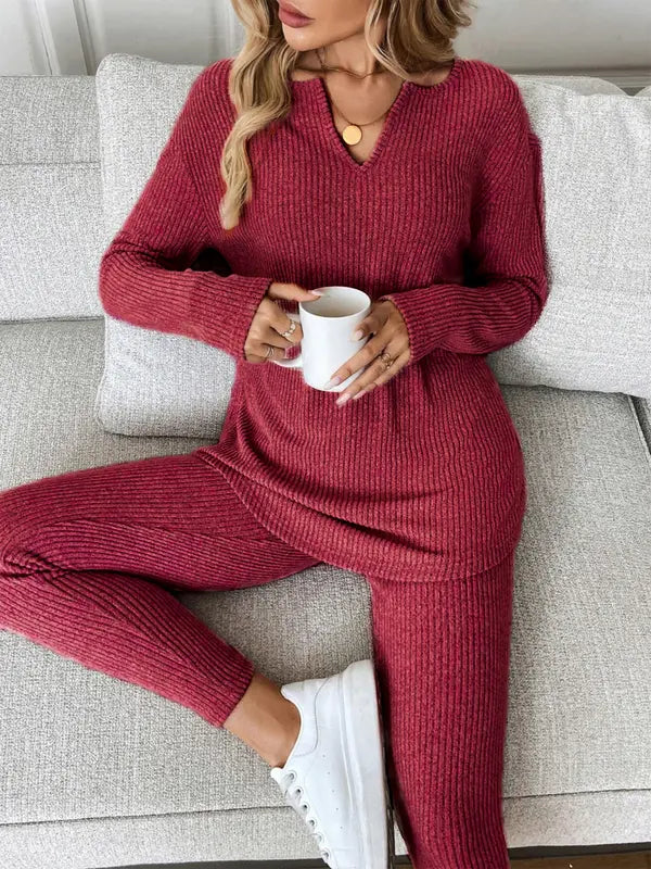 Ensemble 2 pièces décontracté femme, t-shirt à manches longues et legging en maille côtelée peluche, automne/hiver