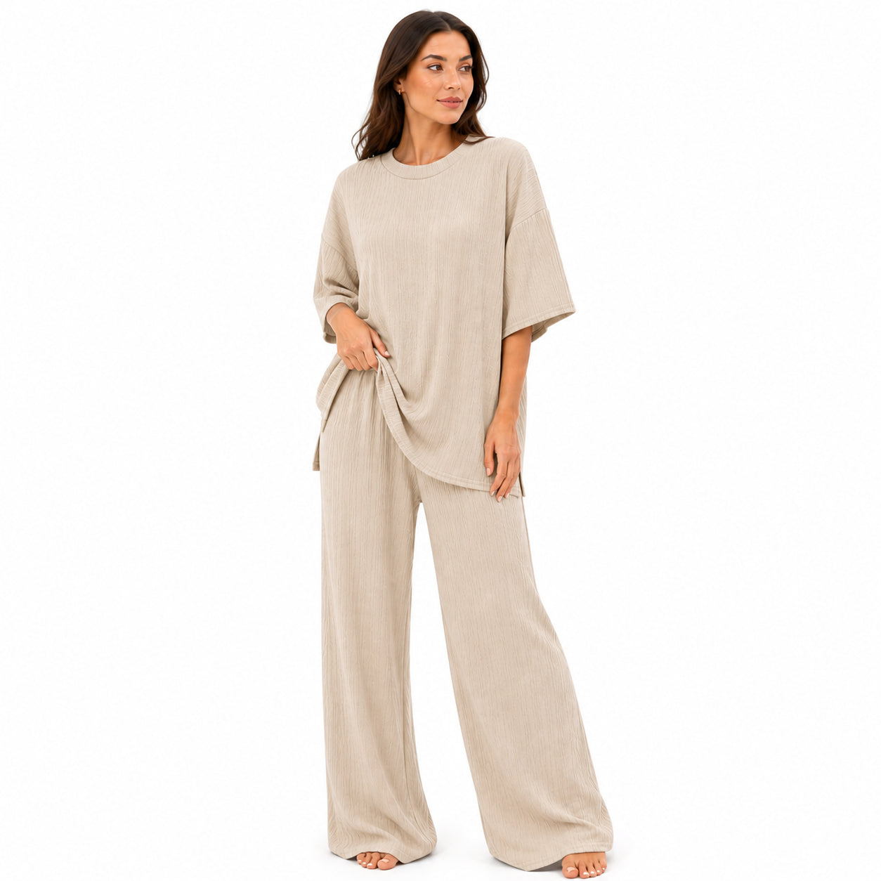 Ensemble Chic Femme Texturé – T-shirt & Pantalon Fluide