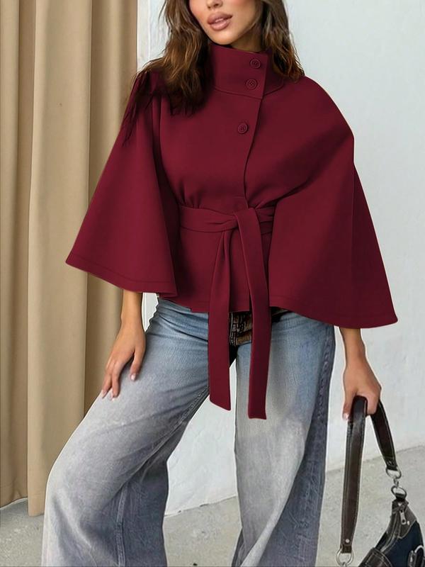 Manteau cape en laine uni à boucle pour femme, vêtement d'extérieur décontracté pour l'automne et l'hiver, chic pour les sorties quotidiennes, vestes