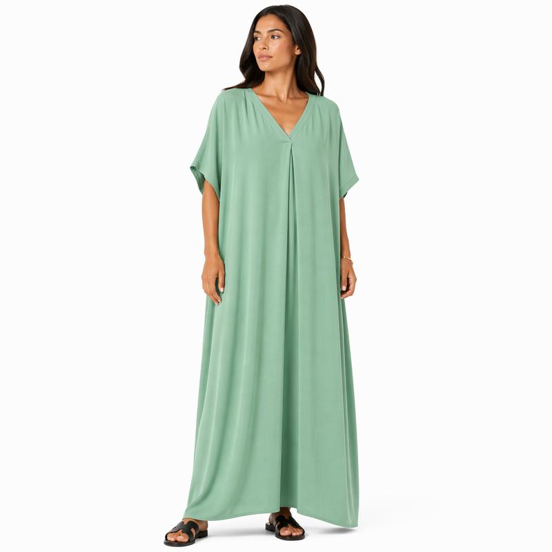 Robe longue oversize fluide col V femme été chic confortable en tissu léger et doux pour toutes les occasions