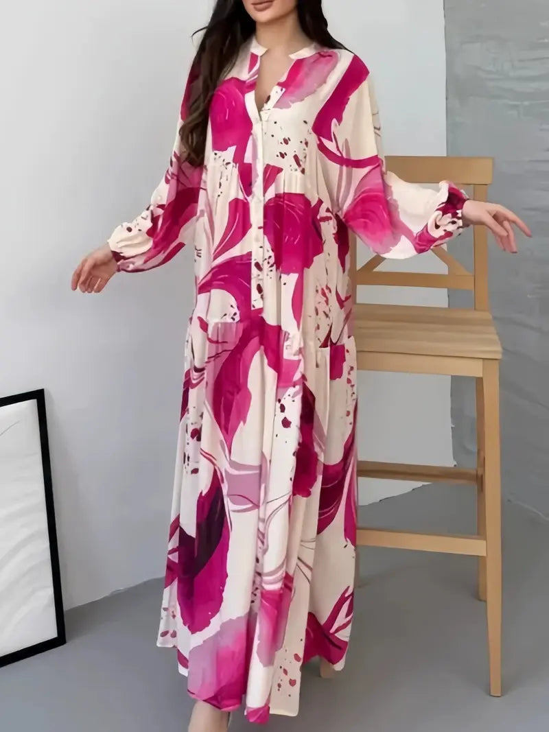 Robe longue florale à manches longues 2026, robe longue décontractée polyvalente à col en V, coupe ample style élégant pour femmes