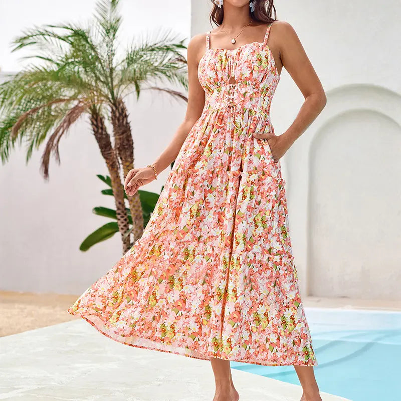 Robe longue bohème décontractée pour femme - Robe d'été à bretelles spaghetti smockée à volants avec poches, grande taille, vêtements bohèmes pour femme