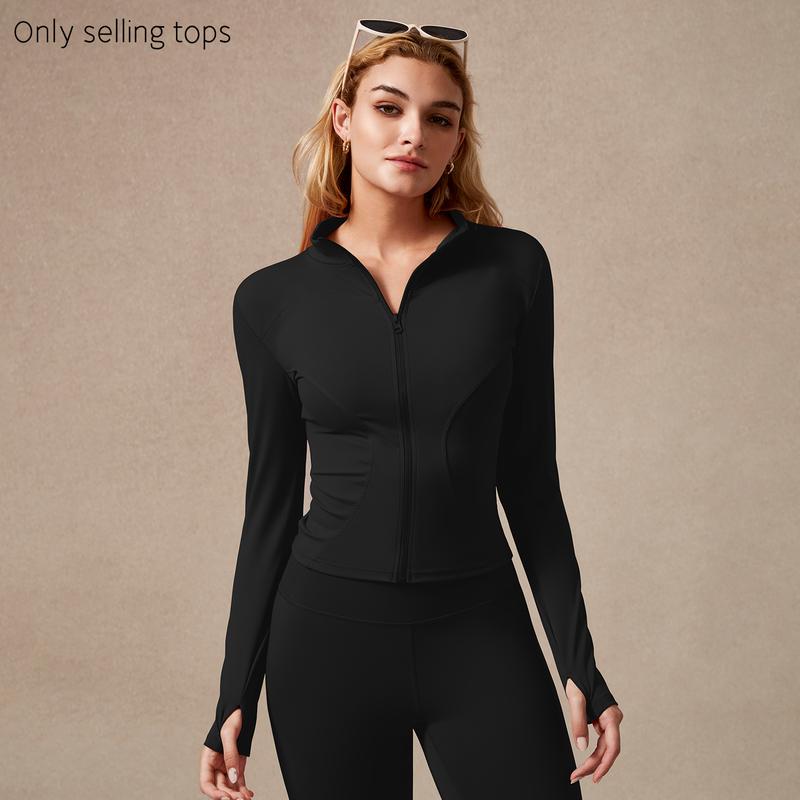Veste de sport zippée à manches longues pour femme, coupe ajustée, tissu extensible à séchage rapide avec trous pour les pouces, pour la course, le yoga, la gym, tenues d'entraînement, vêtements de sport.
