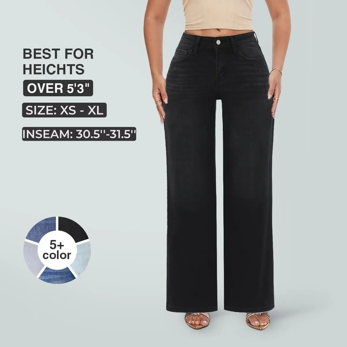 Magic SHAPUM Jean BBL pour femme taille mi-basse, jambe large, coupe ample, confortable, en denim extensible, pantalon noir B en denim extensible, legging ample