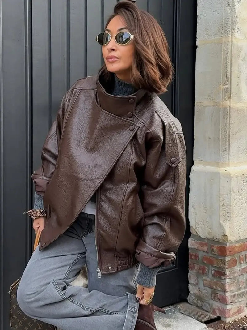 Veste en similicuir noir Col montant Veste motard ample Ourlet élastique Vêtements de rue Décontracté Manches longues Imperméable Coupe-vent pour le printemps et l'automne, Vêtements pour femmes pour un usage quotidien