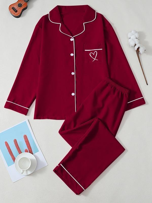 Ensemble de pyjama pour femme à revers de couleur unie, manches longues, broderie cœur, style décontracté, vêtement de nuit confortable, tenue d'intérieur