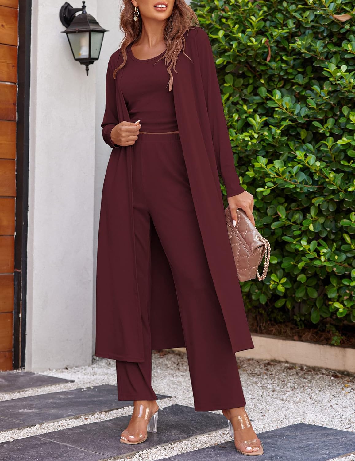 Ensemble de pyjama 3 pièces pour femme - Cardigan à manches longues, débardeur et pantalon de survêtement