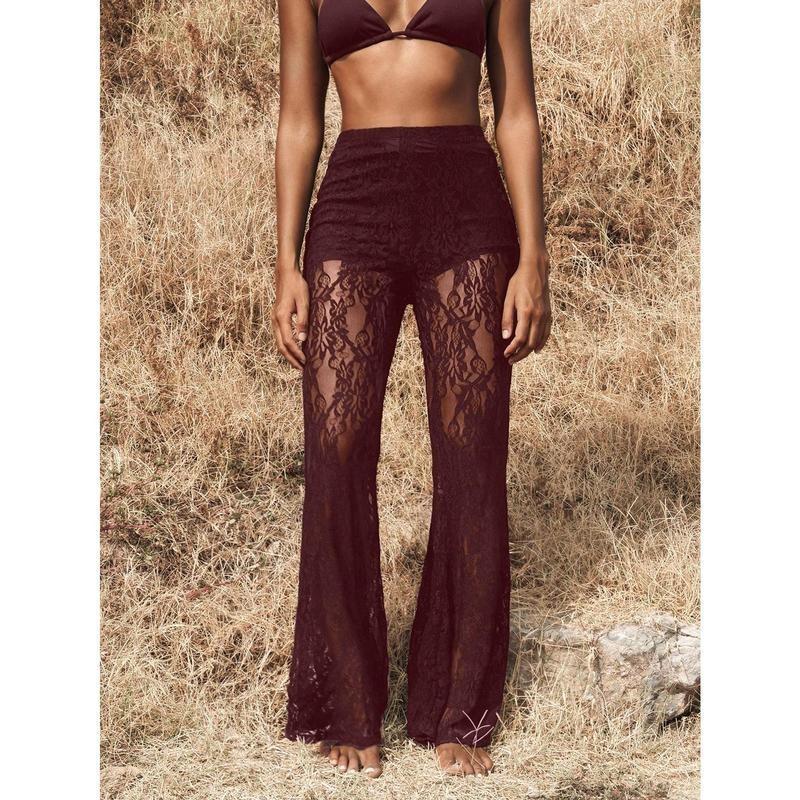 Pantalon évasé taille haute en dentelle tricotée pour femme