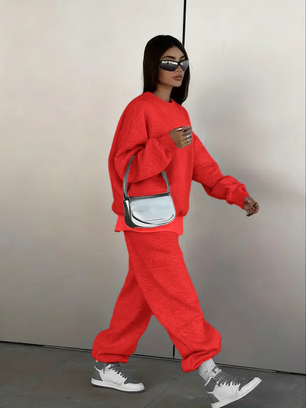 Ensemble deux pièces femme : Sweat-shirt col rond et pantalon de jogging ample, style décontracté sportif urbain hip-hop, mode automne et hiver
