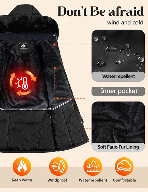Manteaux longs pour femmes Manteaux longs chauds doublés en polaire d'hiver pour femmes, parka imperméable et coupe-vent, manteau avec fermeture éclair, boutons, cordon de serrage à la taille, avec poches et capuche amovible