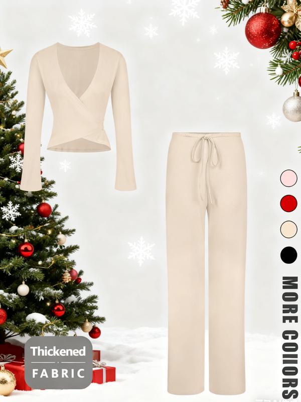 Ensemble sexy haut col en V et pantalon long tendance pour les fêtes de Noël, coupe ajustée, motif uni, style printemps-automne