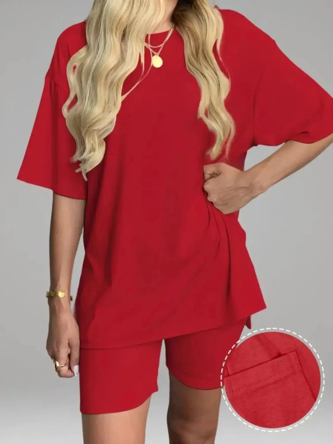 Ensemble T-shirt uni et short moulant pour femme, vêtement de nuit décontracté d'été à col rond, confortable, avec poches, pour l'extérieur