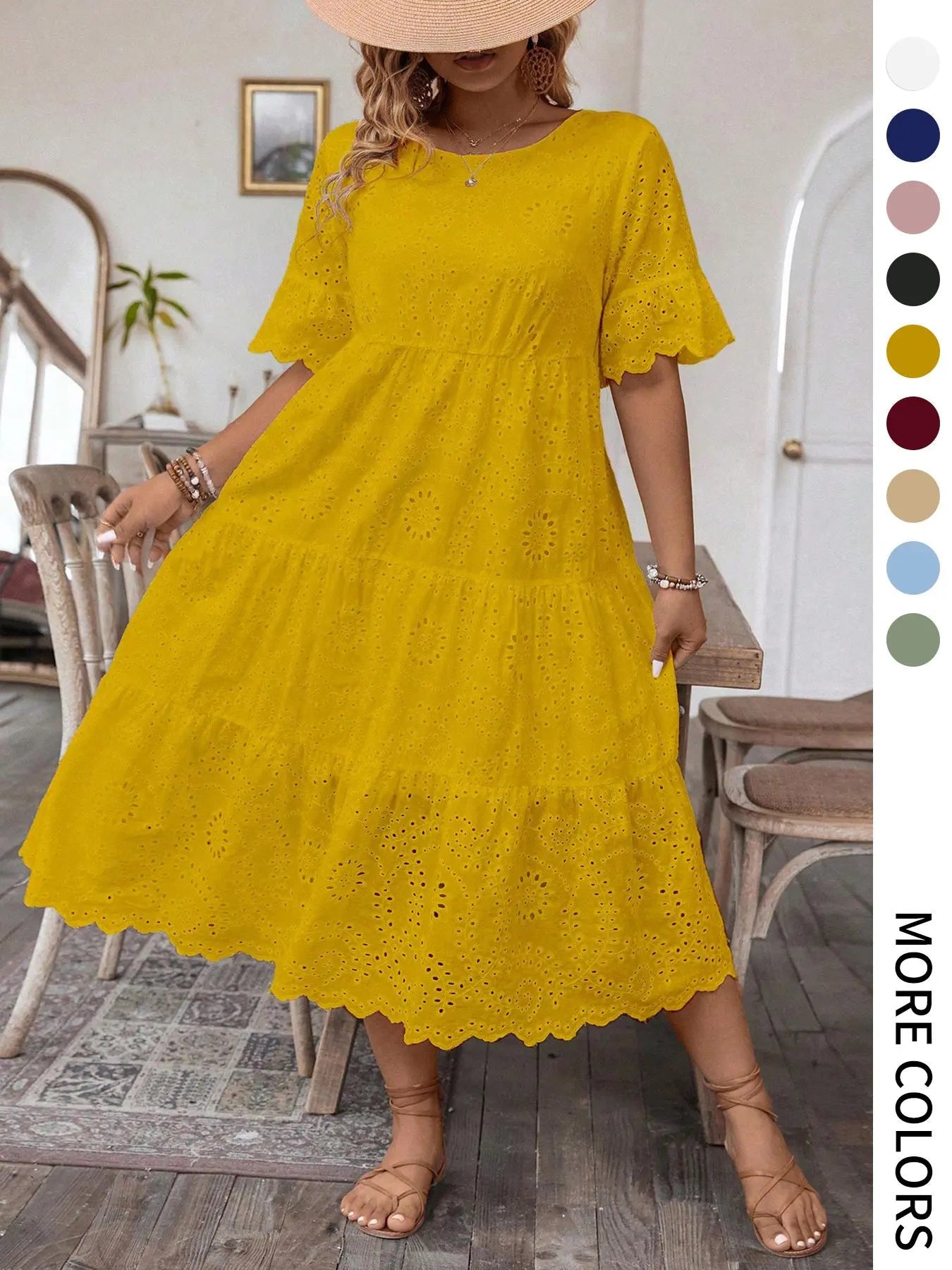 【Grande Taille】 Robe Unie Broderie Anglaise, Robe Bohème à Col Rond pour Vacances et Usage Quotidien – Vêtements d'Été pour Femmes