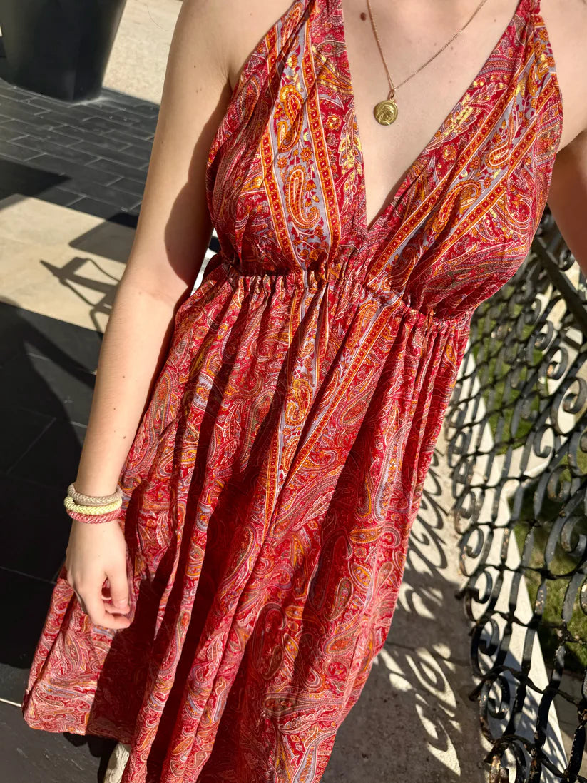 Robe longue bohème chic rouge pour femme