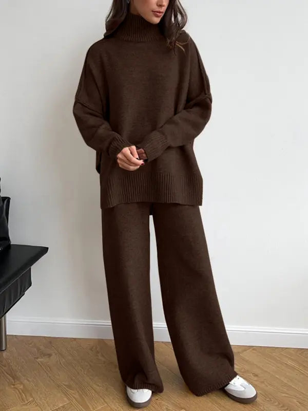 Ensemble 2 pièces pull et pantalon femme - Automne/Hiver - Col roulé, manches longues, épaules tombantes, couleur unie