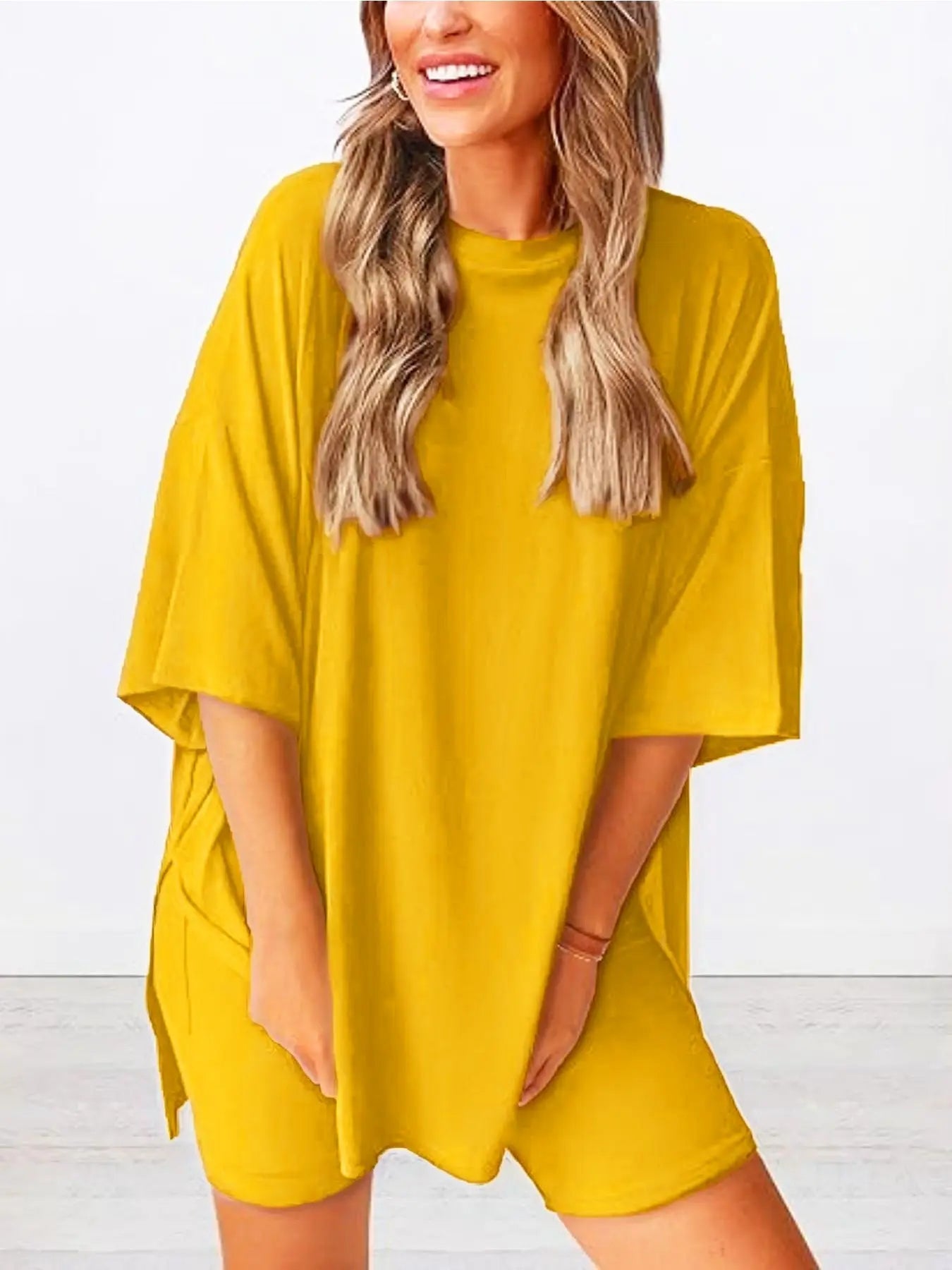 Ensemble T-shirt uni et short moulant pour femme, vêtement de nuit décontracté d'été à col rond, confortable, avec poches, pour l'extérieur