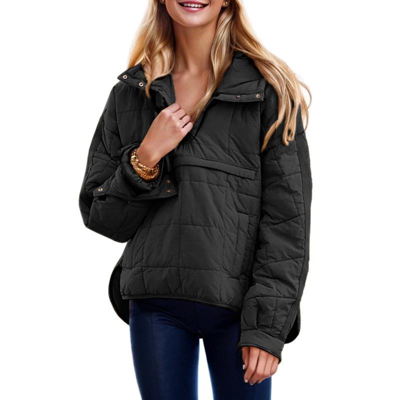 Veste doudoune oversize matelassée à capuche chauve-souris pour femme, pull à manches longues léger et chaud avec grande poche poitrine