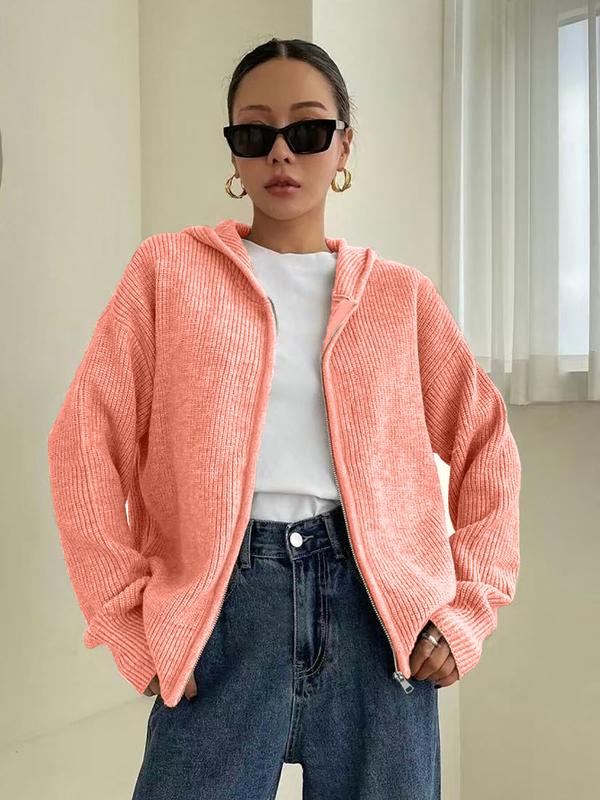 Cardigan à capuche zippé de couleur unie pour femme, en tricot décontracté à manches longues pour l'automne et l'hiver, vêtement en maille tendance pour femme pour le quotidien