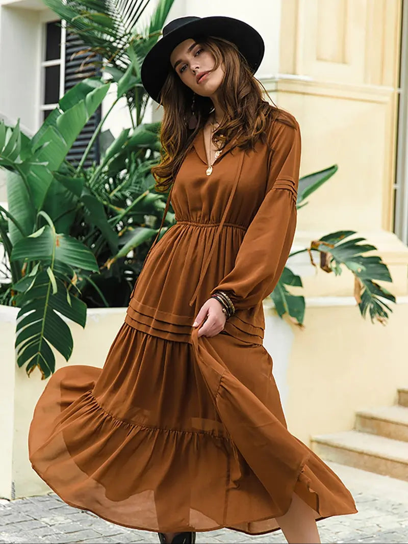 Robe longue trapèze à manches lanternes pour femme, décontractée, printemps et été, en tissu tissé uni, parfaite pour les vacances en plein air