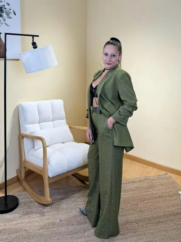 Ensemble veste et pantalon à micro-sequins, ensemble 2 pièces avec ceinture, taille unique femme, élégant et polyvalent