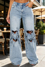 Women Washed Love Hollow Casual Jeans
