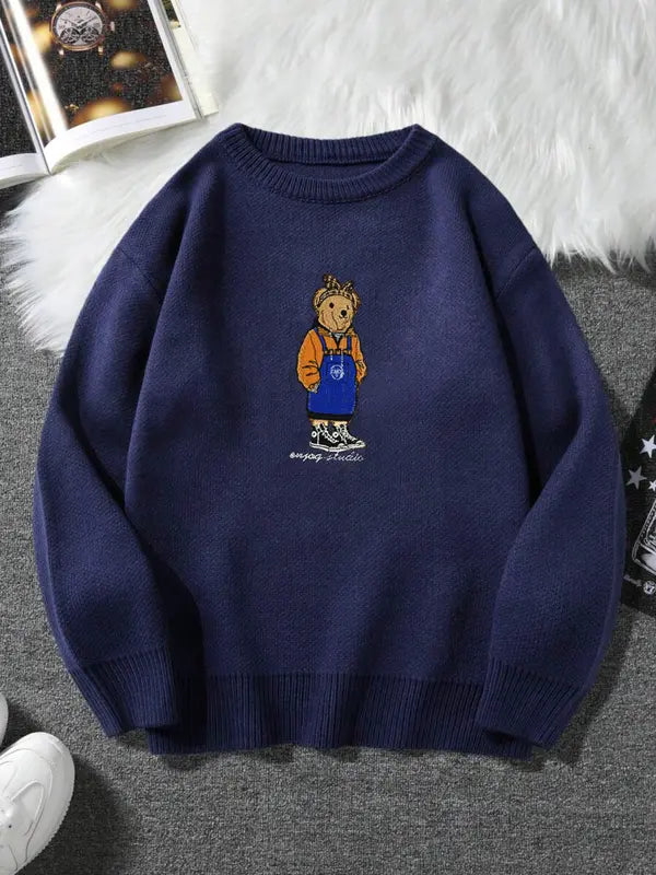 Pull ras du cou unisexe imprimé ours de dessin animé, pull décontracté ample à manches longues pour l'automne et l'hiver, tricot tendance pour femme pour un usage quotidien