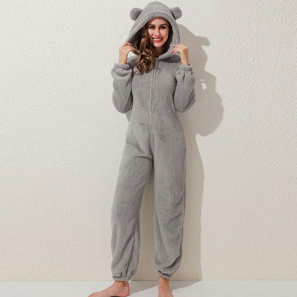 Combinaison Pyjama Polaire Femme Combinaison Polaire Chaude Combinaison Nuit Une Pièce Zippée à Capuche Vêtement de Détente