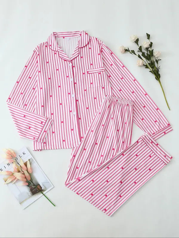 Ensemble deux pièces pour femme, pyjama avec chemise et pantalon imprimé nœuds, décontracté et confortable, haut à manches longues et col à revers avec pantalon, vêtements de nuit pour femme pour le printemps et l'automne