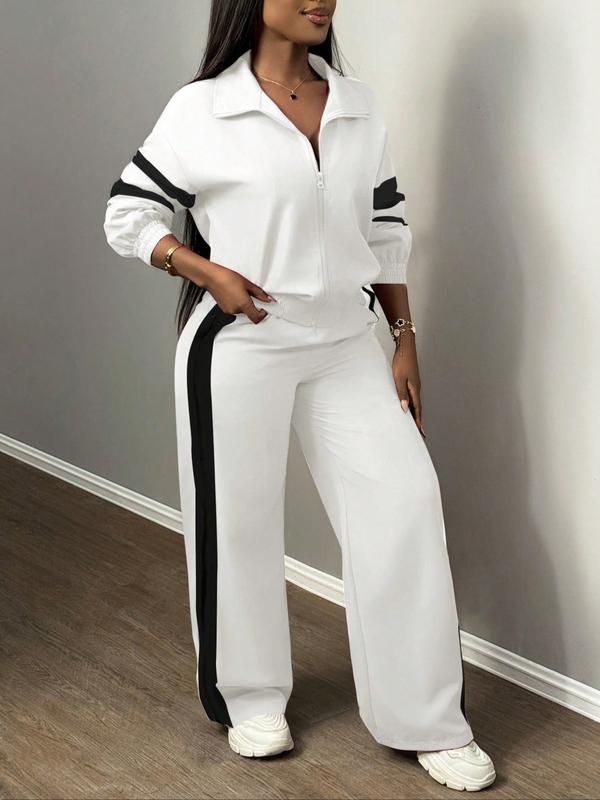 Ensemble Veste Zippée & Pantalon Large Rayé pour Femme, Style Urbain & Décontracté, Costume Deux Pièces pour Usage Quotidien