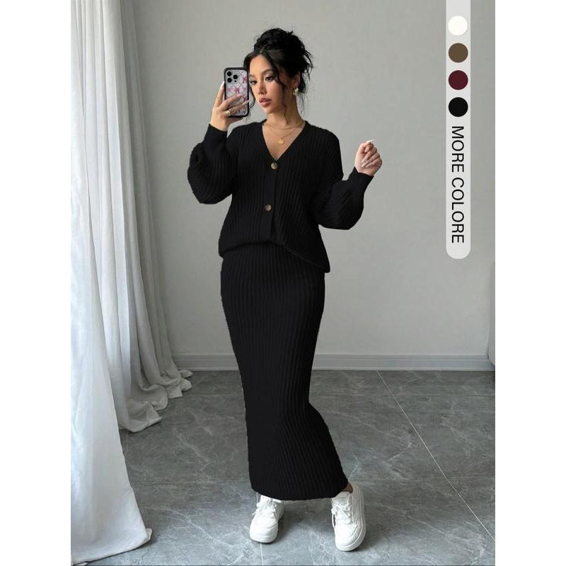 Ensemble deux pièces pull uni boutonné et jupe longue pour femme, haut tricoté décontracté à manches longues et épaules tombantes et jupe taille haute pour les sorties quotidiennes, vêtements tricotés pour femme pour l'automne et l'hiver