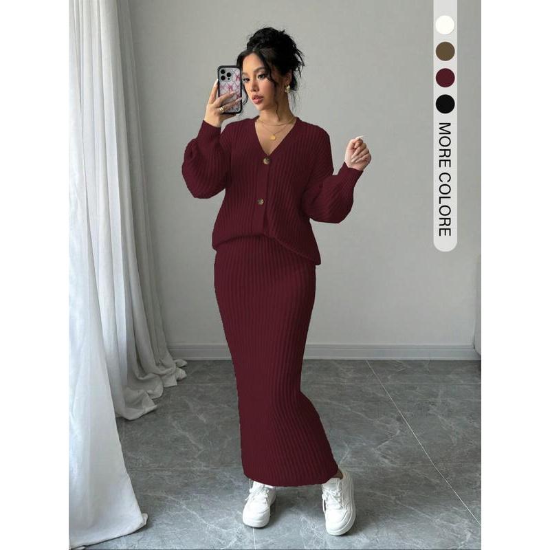 Ensemble deux pièces pull uni boutonné et jupe longue pour femme, haut tricoté décontracté à manches longues et épaules tombantes et jupe taille haute pour les sorties quotidiennes, vêtements tricotés pour femme pour l'automne et l'hiver