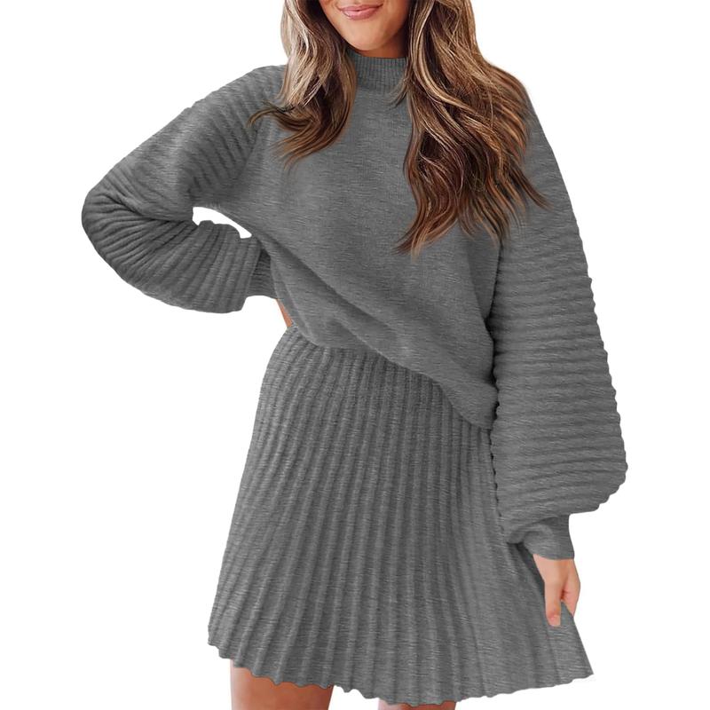 Ensembles 2 Pièces Femme 2025 Pulls Col Montant Manches Longues Côtelés et Mini-Jupe