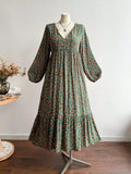 Plus Size Women's Floral Woven Dress, Fall Winter V Neck Tie Back Lace Trim Long Sleeve Maxi Dress, Casual Elegant Fashion