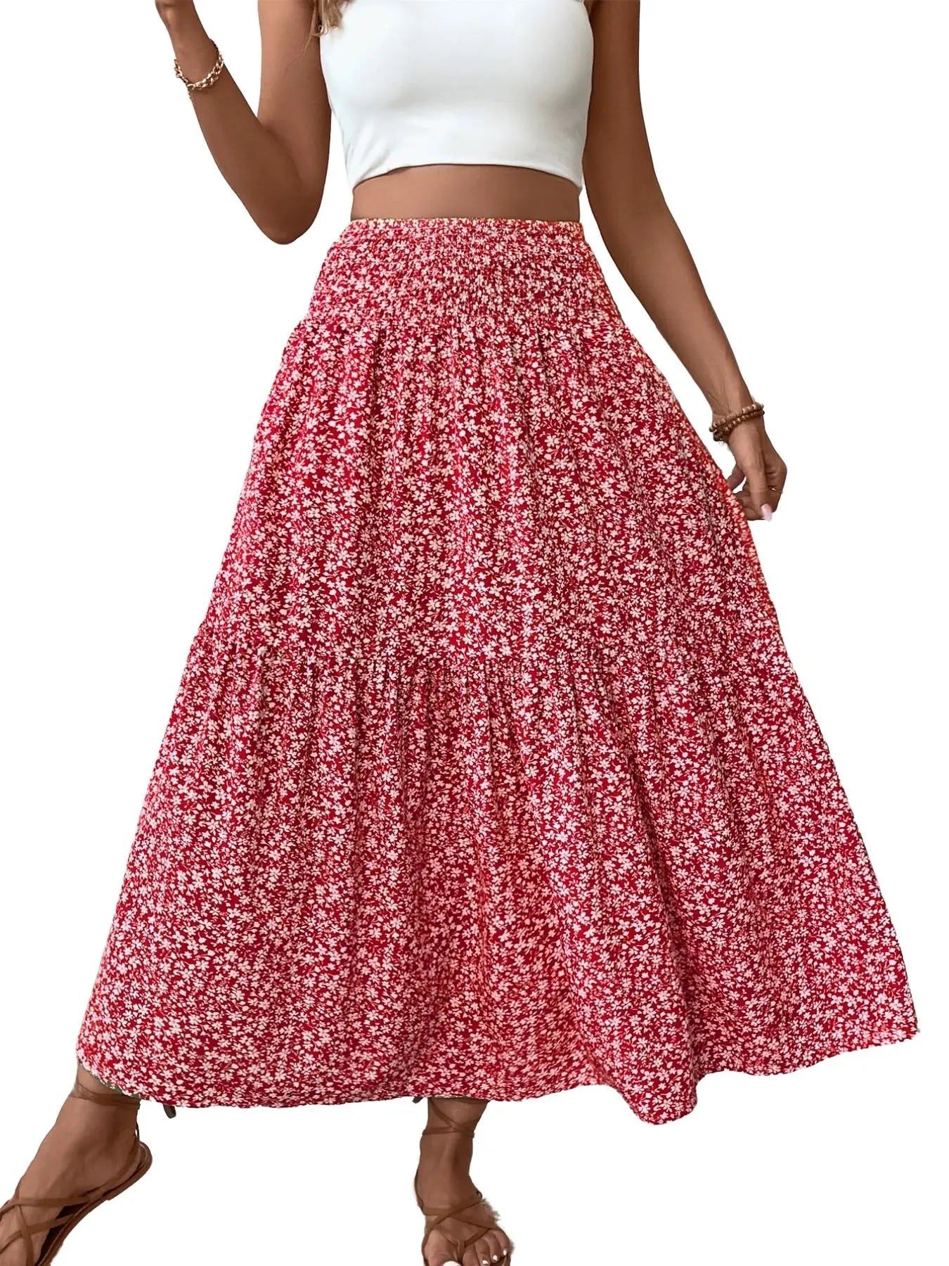 Jupe trapèze décontractée fleurie pour femme, taille élastique, poches, ourlet feuille, jupe longue ajustée, robe mi-longue tendance
