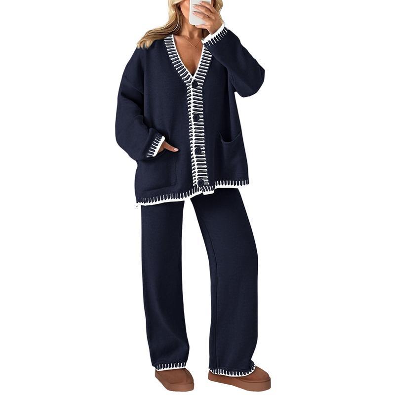 Ensemble 2 pièces tricoté pour femme, tenues d'hiver assorties, loungewear, cardigans à manches longues et col en V, pantalons amples, survêtements